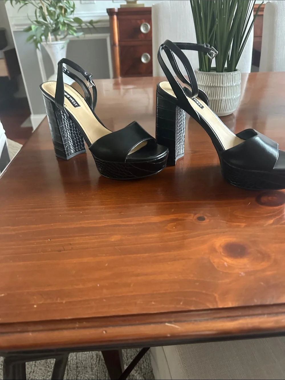 Nine West Black Leather Platform Block Heels with Ankle Strap